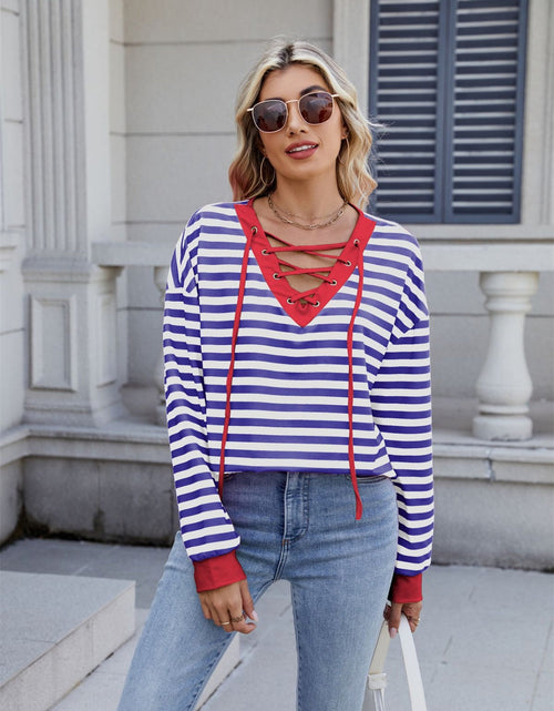Load image into Gallery viewer, Lace-Up Striped Long Sleeve T-Shirt
