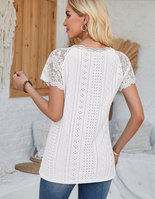 Load image into Gallery viewer, Eyelet V-Neck Lace Short Sleeve T-Shirt
