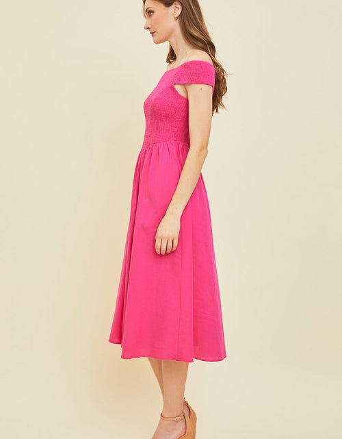 Load image into Gallery viewer, HEYSON Off-Shoulder Smocked Midi Dress
