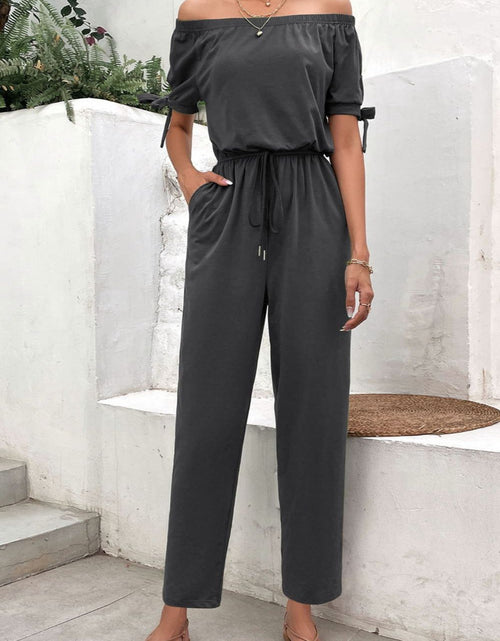 Load image into Gallery viewer, Perfee Off-Shoulder Tie Cuff Jumpsuit with Pockets
