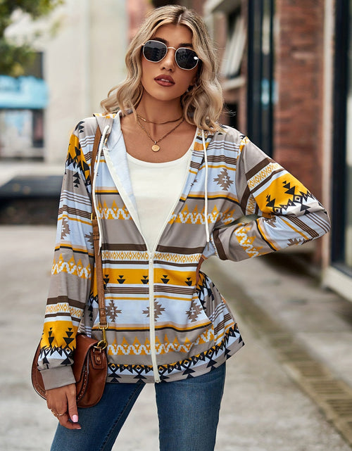 Load image into Gallery viewer, Geometric Zip Up Long Sleeve Hooded Jacket
