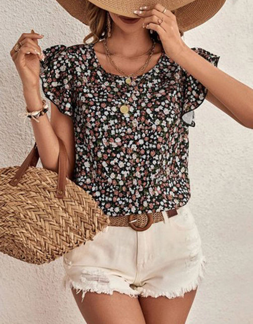 Load image into Gallery viewer, Ditsy Floral Round Neck Cap Sleeve Top
