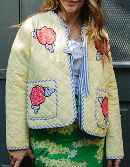 Load image into Gallery viewer, Embroidered Flower Tied Long Sleeve Winter Coat
