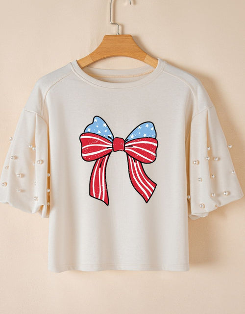 Load image into Gallery viewer, Bowknot Graphic Pearl Puff Half Sleeve T Shirt

