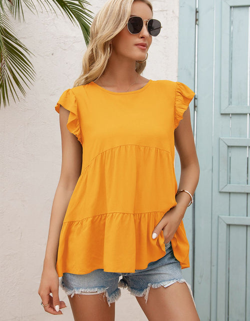 Load image into Gallery viewer, Ivy Lane Round Neck Flutter Sleeve Tiered Blouse
