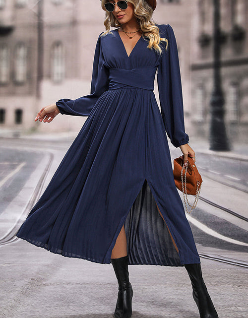 Load image into Gallery viewer, Perfee V-Neck Long Sleeve Pleated Slit Dress
