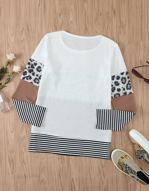 Load image into Gallery viewer, Waffle-Knit Leopard Round Neck Long Sleeve T-Shirt
