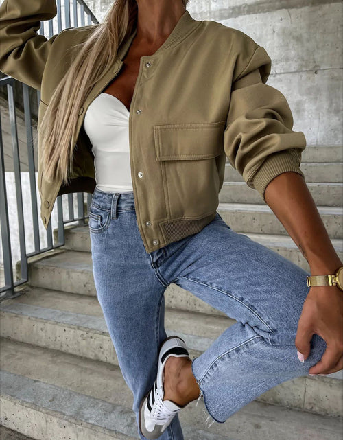 Load image into Gallery viewer, Baseball Collar Dropped Shoulder Jacket
