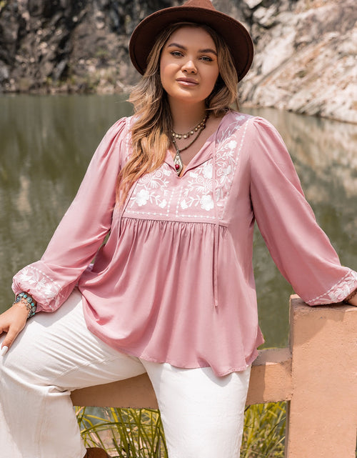 Load image into Gallery viewer, Plus Size Tie Neck Puff Sleeve Blouse
