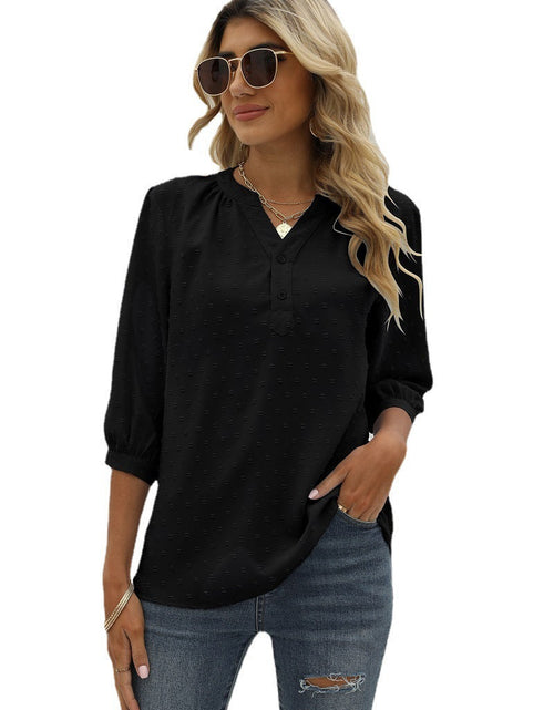 Load image into Gallery viewer, Swiss Dot Notched Neck Three-Quarter Sleeve Blouse
