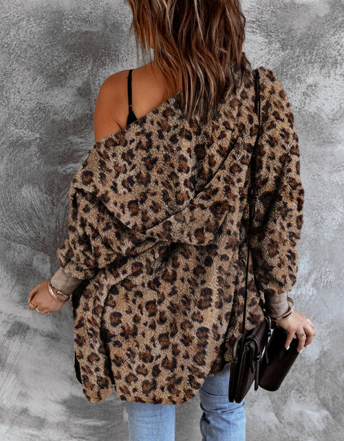 Load image into Gallery viewer, Fuzzy Leopard Long Sleeve Hooded Jacket
