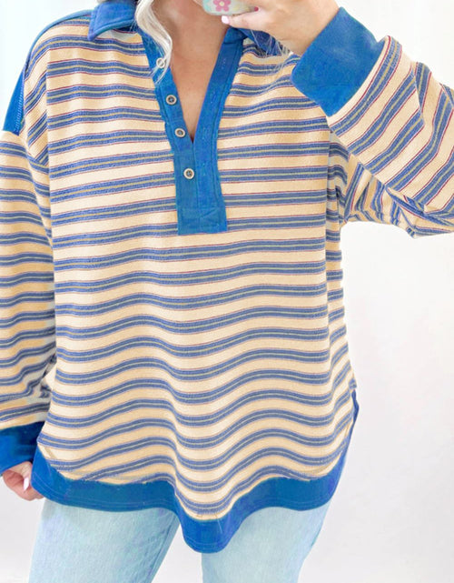 Load image into Gallery viewer, Striped Johnny Collar Long Sleeve Sweatshirt
