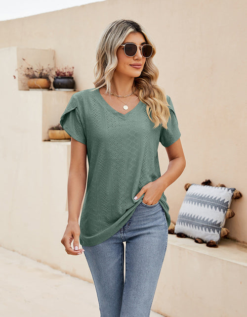 Load image into Gallery viewer, Eyelet Petal Sleeve V-Neck Knit Top
