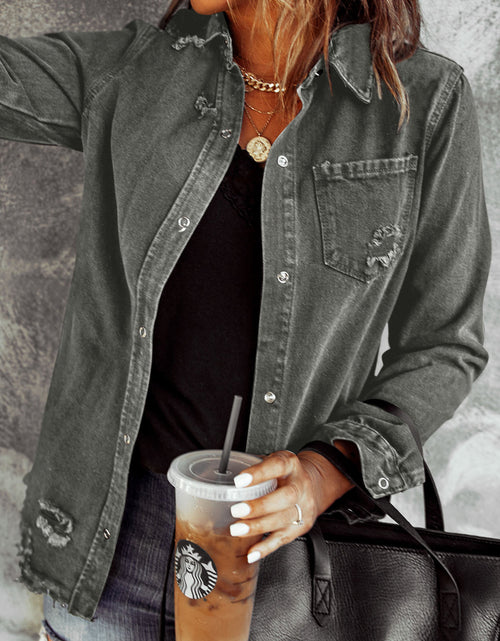 Load image into Gallery viewer, Distressed Raw Hem Snap Down Denim Jacket
