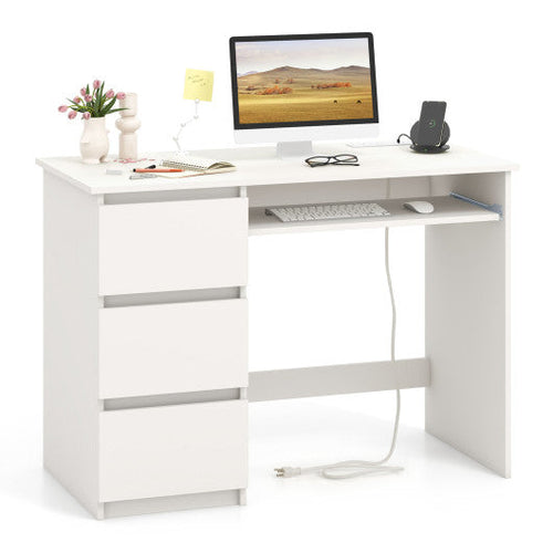 Load image into Gallery viewer, Computer Desk with Power Outlet Keyboard Tray and 3 Large Drawers-White
