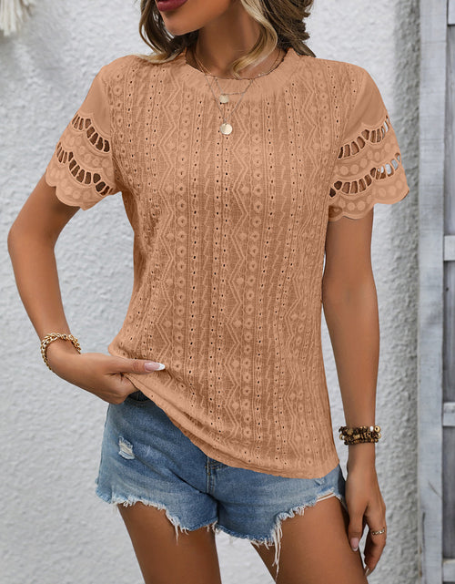 Load image into Gallery viewer, Full Size Eyelet Round Neck Short Sleeve Top
