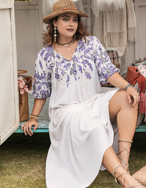 Load image into Gallery viewer, Plus Size Printed Tie Neck Half Sleeve Maxi Dress
