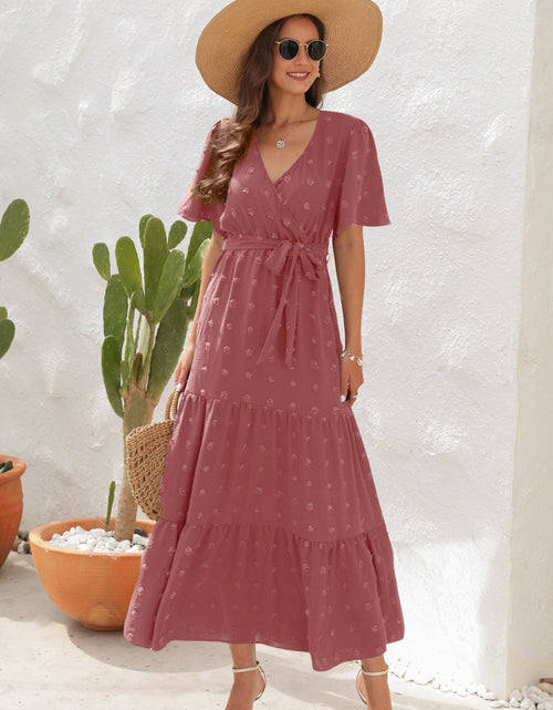 Load image into Gallery viewer, Swiss Dot Tied Surplice Short Sleeve Dress
