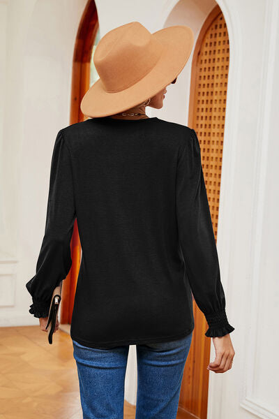 Load image into Gallery viewer, Lace Detail V-Neck Lantern Sleeve T-Shirt
