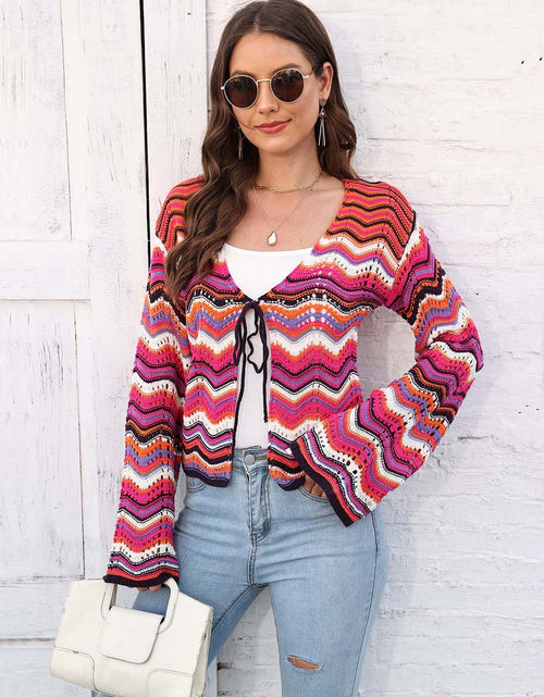 Load image into Gallery viewer, Striped Openwork Tied Cardigan
