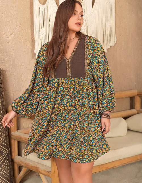 Load image into Gallery viewer, Plus Size V-Neck Balloon Sleeve Printed Mini Dress
