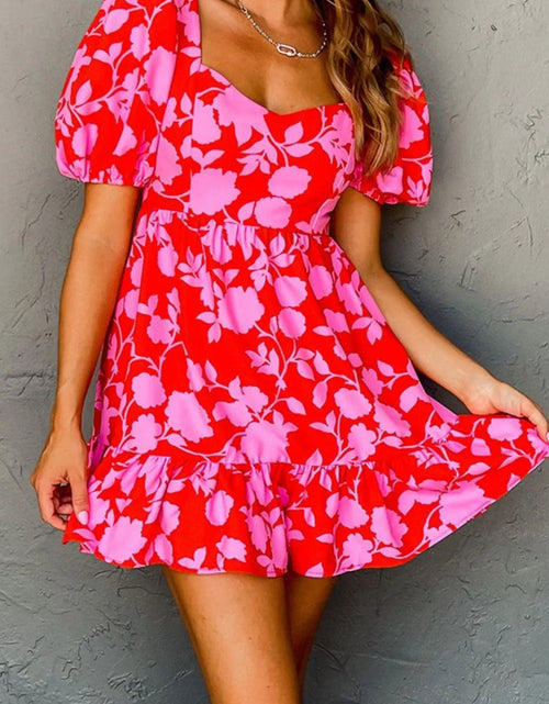 Load image into Gallery viewer, Floral Puff Sleeve Sweetheart Neck Ruffled Mini Dress
