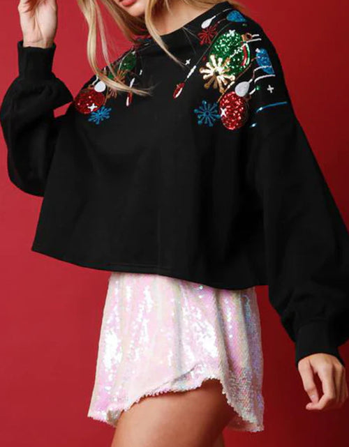 Load image into Gallery viewer, Sequin Round Neck Dropped Shoulder Sweatshirt
