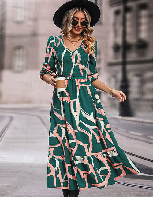 Load image into Gallery viewer, Perfee Printed Smocked V-Neck Three-Quarter Sleeve Midi Dress
