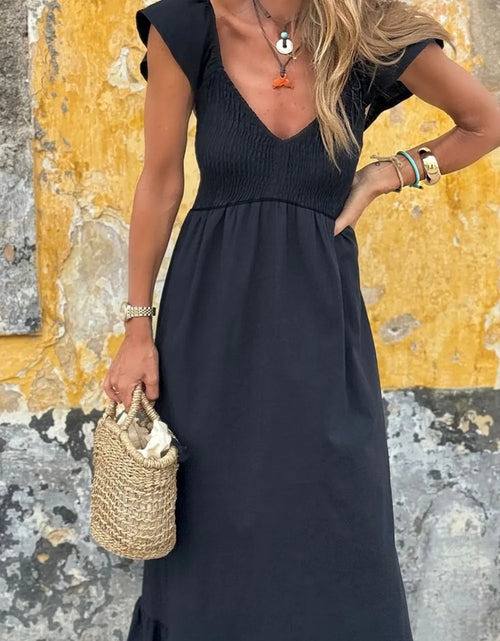Load image into Gallery viewer, V Neck Ruffled Cap Sleeve Smocked Maxi Dress
