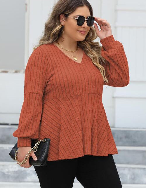 Load image into Gallery viewer, Plus Size Ribbed V-Neck Long Sleeve Blouse
