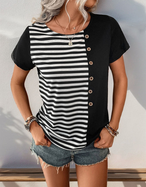 Load image into Gallery viewer, Perfee Striped Round Neck Short Sleeve T-Shirt
