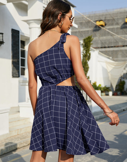 Load image into Gallery viewer, Grid One-Shoulder Tied Cutout Dress
