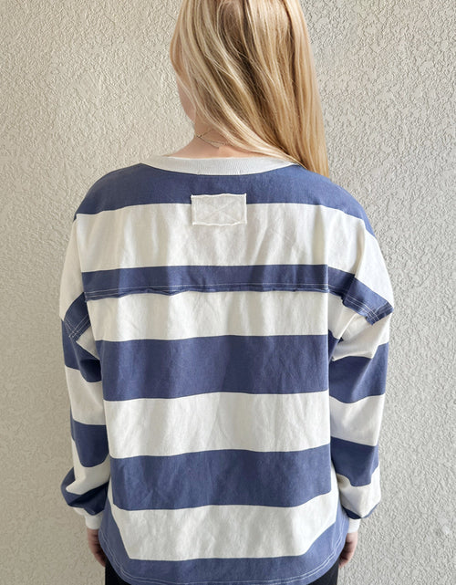Load image into Gallery viewer, Oh Pima Cotton Wash Exposed Seam Contrast Striped Round Neck Long Sleeve T-Shirt
