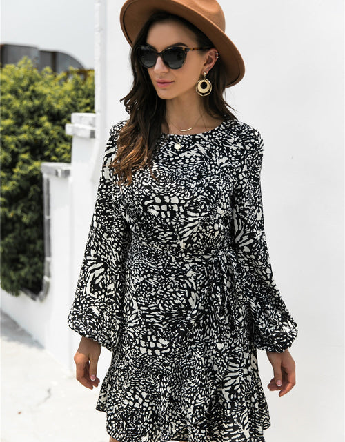 Load image into Gallery viewer, Animal Print Round Neck Balloon Sleeve Mini Dress
