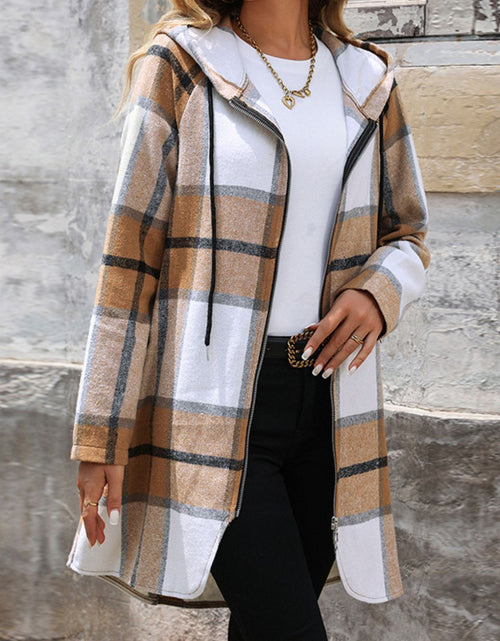 Load image into Gallery viewer, Drawstring Plaid Zip Up Long Sleeve Hooded Outerwear
