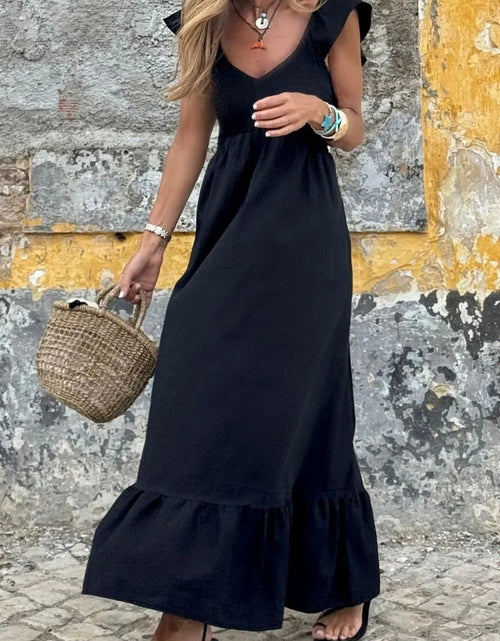 Load image into Gallery viewer, V Neck Ruffled Cap Sleeve Smocked Maxi Dress
