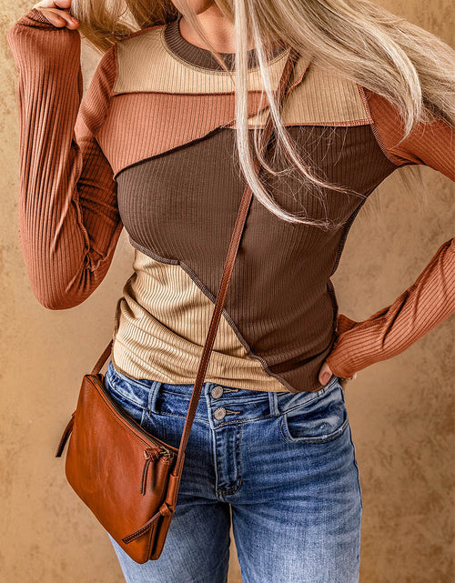 Load image into Gallery viewer, Exposed Seam Contrast Round Neck Long Sleeve T-Shirt
