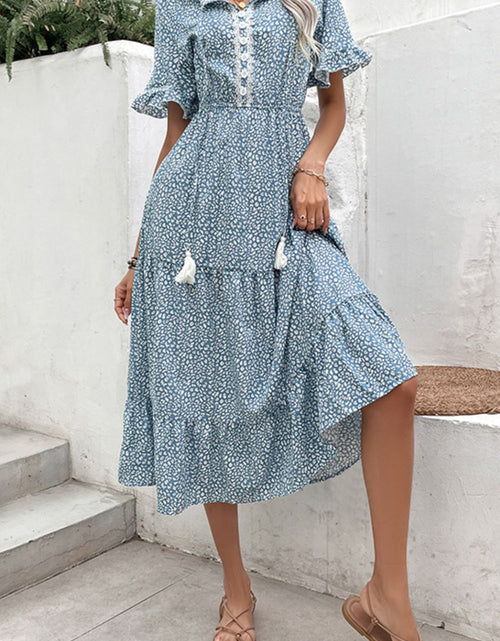 Load image into Gallery viewer, Perfee Printed Tassel Tie Flounce Sleeve Dress
