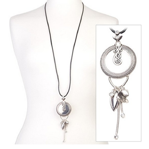Load image into Gallery viewer, Silver Tone 'Shimmer Heart' Diamante Crystal Tassel Pendant Black Leather Cord Necklace 43cm-50cm by Liberty Charms USA
