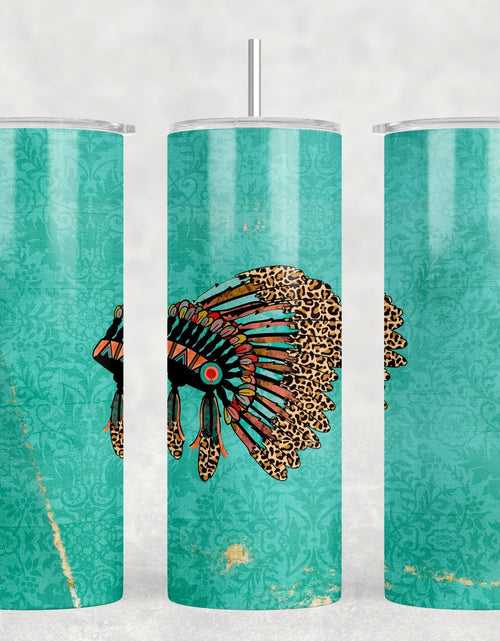 Load image into Gallery viewer, Distressed Turquoise Headdress - 20 oz Steel Skinny Tumbler - Optional Blue Tooth Speaker - Speaker Color will Vary by Rowdy Ridge Co
