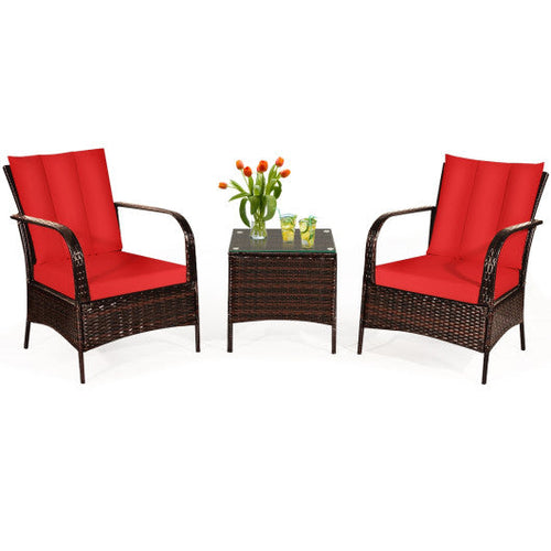 Load image into Gallery viewer, 3 Pcs Patio Conversation Rattan Furniture Set with Glass Top Coffee Table and Cushions-Red
