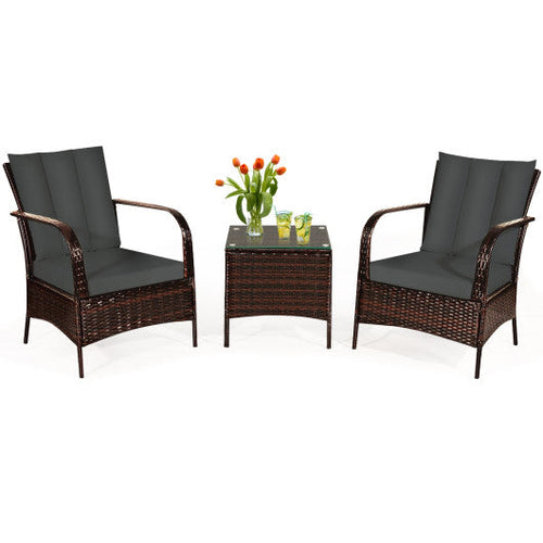 Load image into Gallery viewer, 3 Pcs Patio Conversation Rattan Furniture Set with Glass Top Coffee Table and Cushions-Gray
