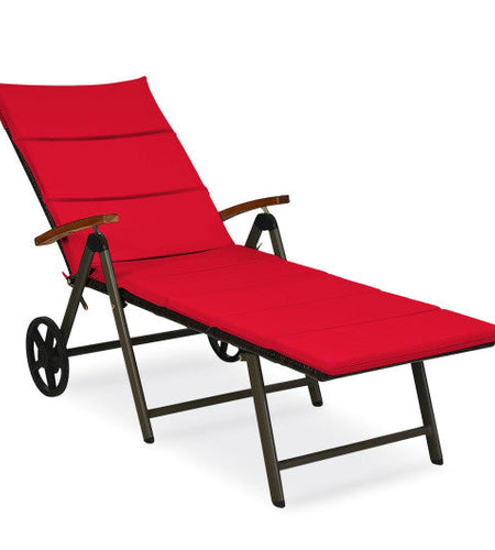 Outdoor Chaise Lounge Chair Rattan Lounger Recliner Chair-Red
