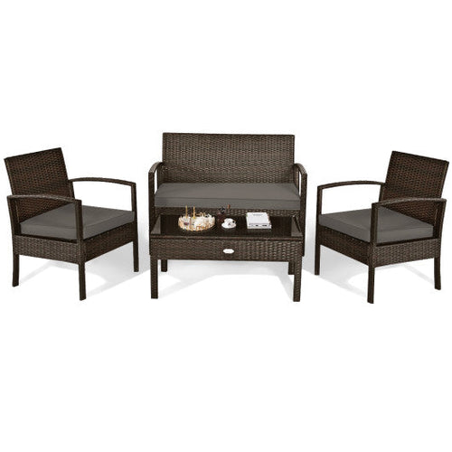 Load image into Gallery viewer, 4 Pieces Patio Rattan Cushioned Furniture Set with Loveseat and Table -Brown

