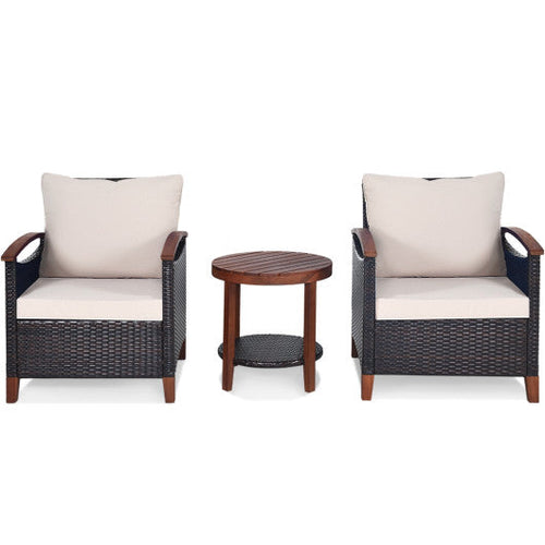 Load image into Gallery viewer, 3 Pieces Patio Rattan Furniture Set with Washable Cushion and Acacia Wood Tabletop-Beige
