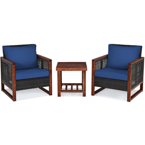 Load image into Gallery viewer, 3 Pieces Patio Wicker Furniture Set with Acacia Wood Coffee Table and Washable Cushion-Navy
