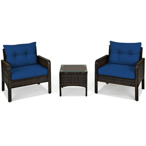 Load image into Gallery viewer, 3 Pieces Outdoor Patio Rattan Conversation Set with Seat Cushions-Navy
