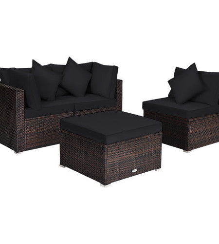 4 Pieces Ottoman Garden Patio Rattan Wicker Furniture Set with Cushion-Black