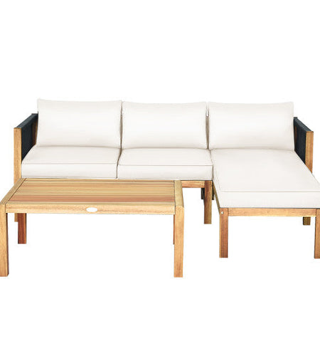 3 Pieces Patio Acacia Wood Sofa Furniture Set with Nylon Rope Armrest-White