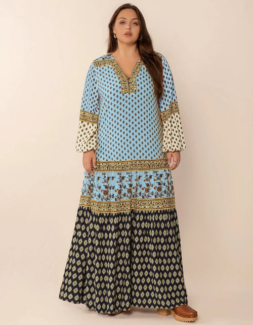 Load image into Gallery viewer, Plus Size Printed V-Neck Balloon Sleeve Maxi Dress
